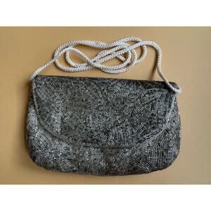 Vintage Bechamel Beaded Evening Bag Silver Floral Crossbody Clutch Small Purse